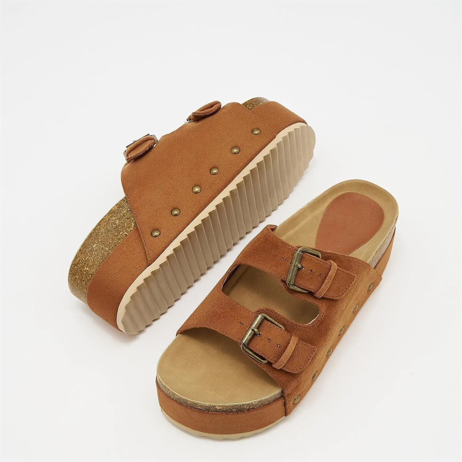 Women's Platform Slide Sandals Comfortable Cork Footbed Studded Clogs Adjustable Buckle Straps Open Toe Flatform Sandal Summer Slipper