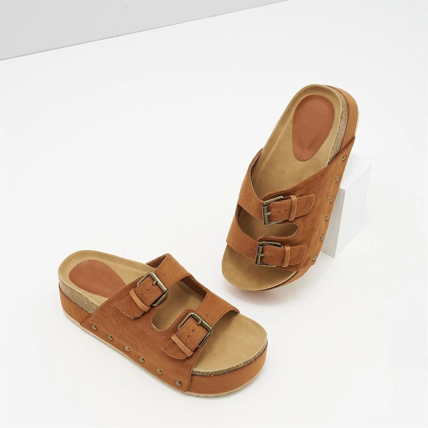 Women's Platform Slide Sandals Comfortable Cork Footbed Studded Clogs Adjustable Buckle Straps Open Toe Flatform Sandal Summer Slipper