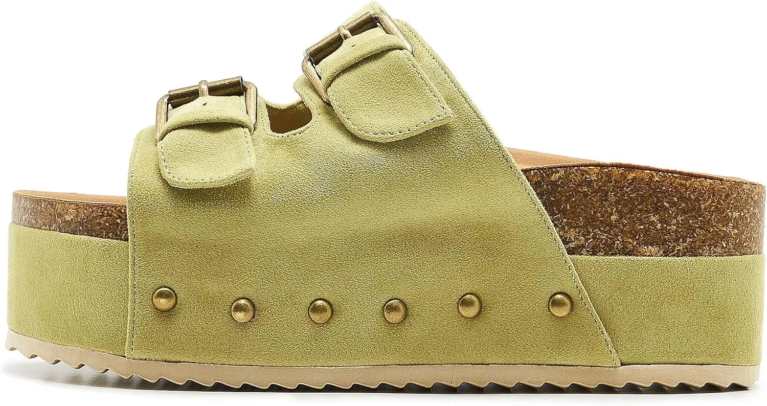 Women's Platform Slide Sandals Comfortable Cork Footbed Studded Clogs Adjustable Buckle Straps Open Toe Flatform Sandal Summer Slipper