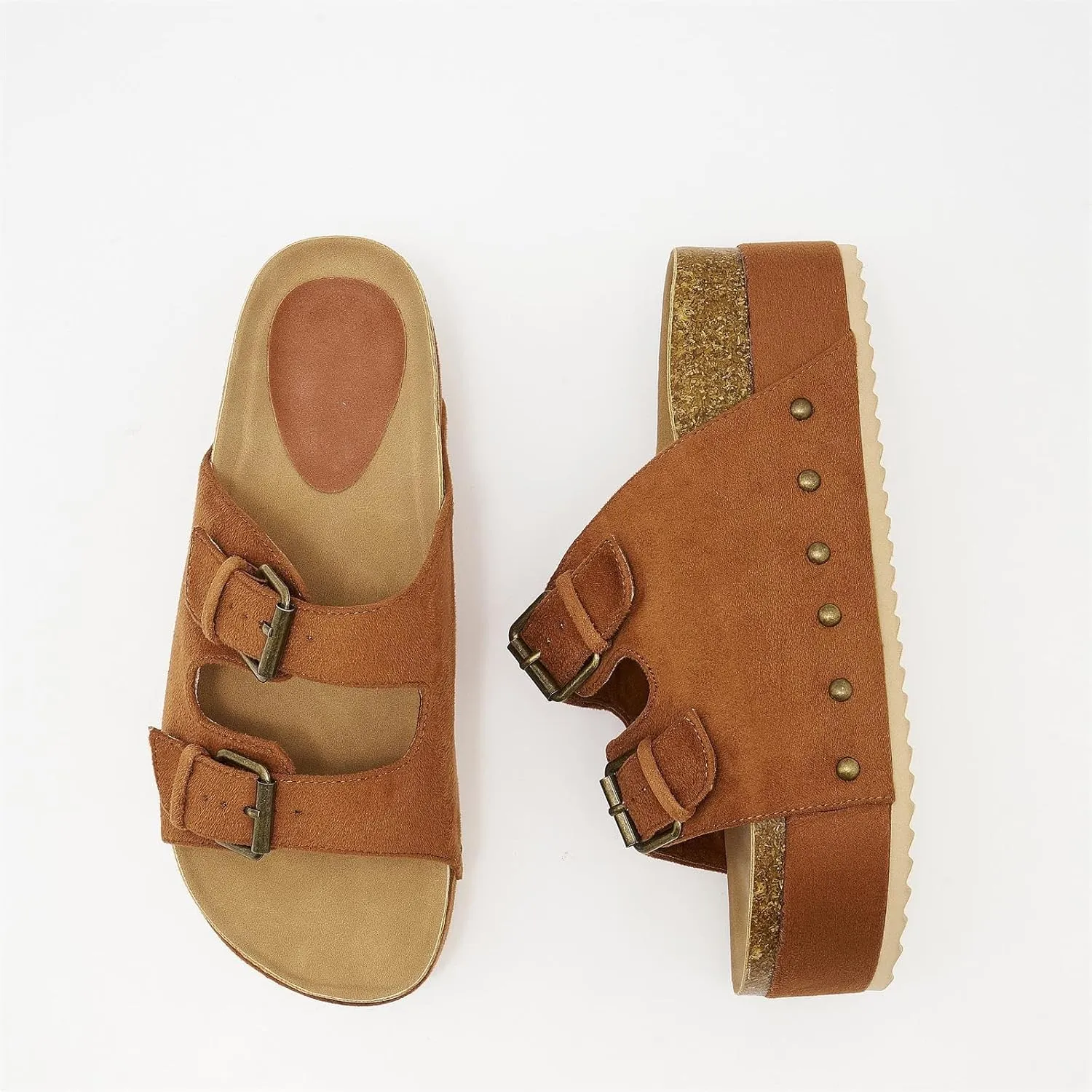 Women's Platform Slide Sandals Comfortable Cork Footbed Studded Clogs Adjustable Buckle Straps Open Toe Flatform Sandal Summer Slipper