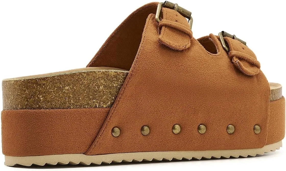 Women's Platform Slide Sandals Comfortable Cork Footbed Studded Clogs Adjustable Buckle Straps Open Toe Flatform Sandal Summer Slipper