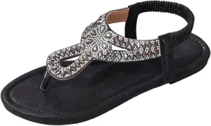 Women's Rhinestone Flat Sandals Bohemian T-Strap Flip Flops Comfortable Beach Slides Summer Casual Elastic Thong Slippers