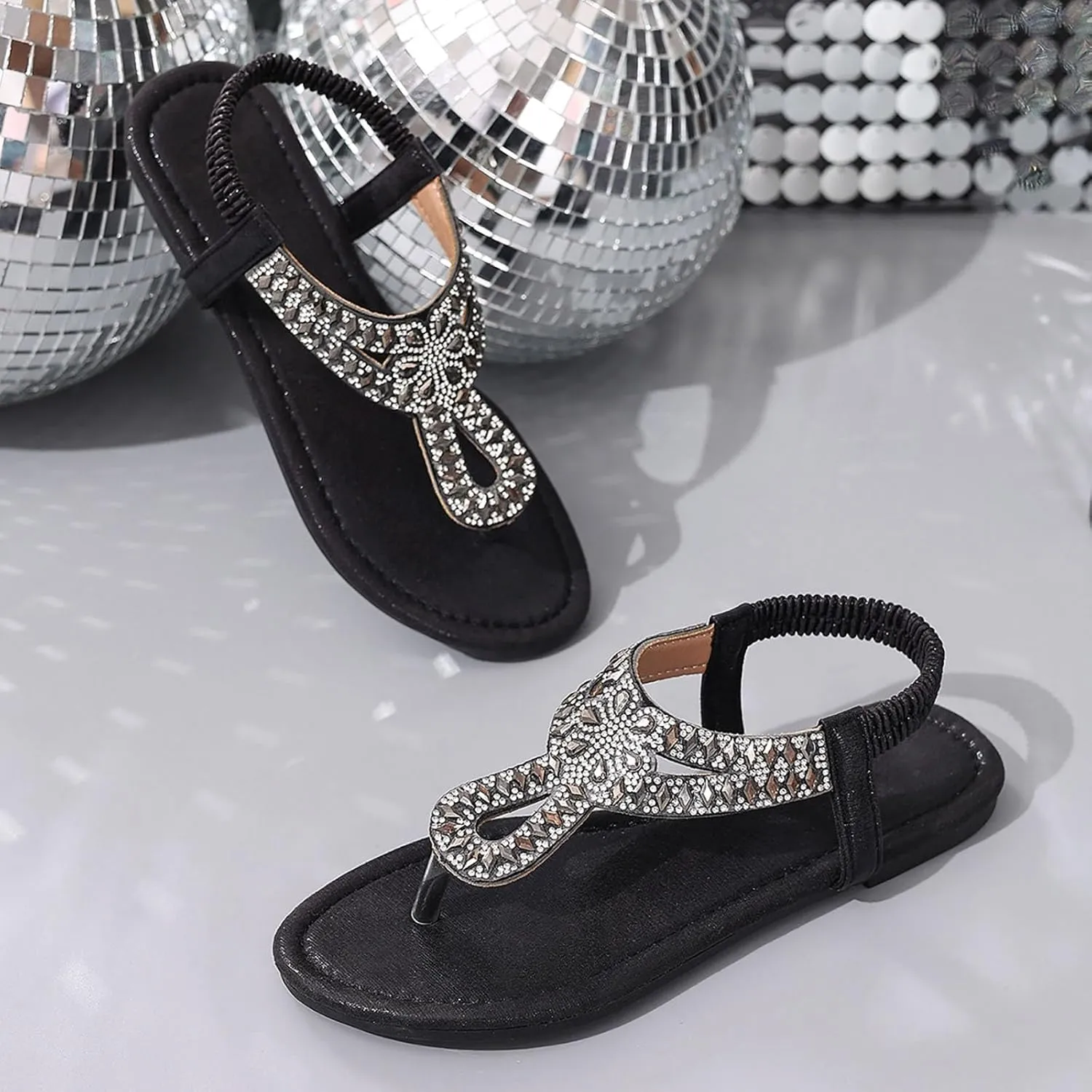 Women's Rhinestone Flat Sandals Bohemian T-Strap Flip Flops Comfortable Beach Slides Summer Casual Elastic Thong Slippers