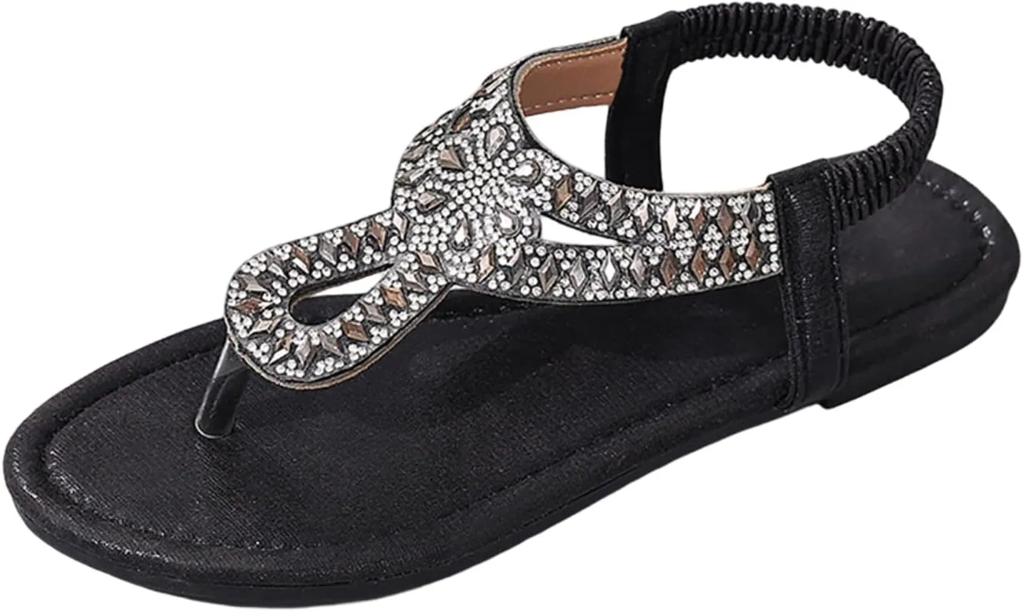 Women's Rhinestone Flat Sandals Bohemian T-Strap Flip Flops Comfortable Beach Slides Summer Casual Elastic Thong Slippers