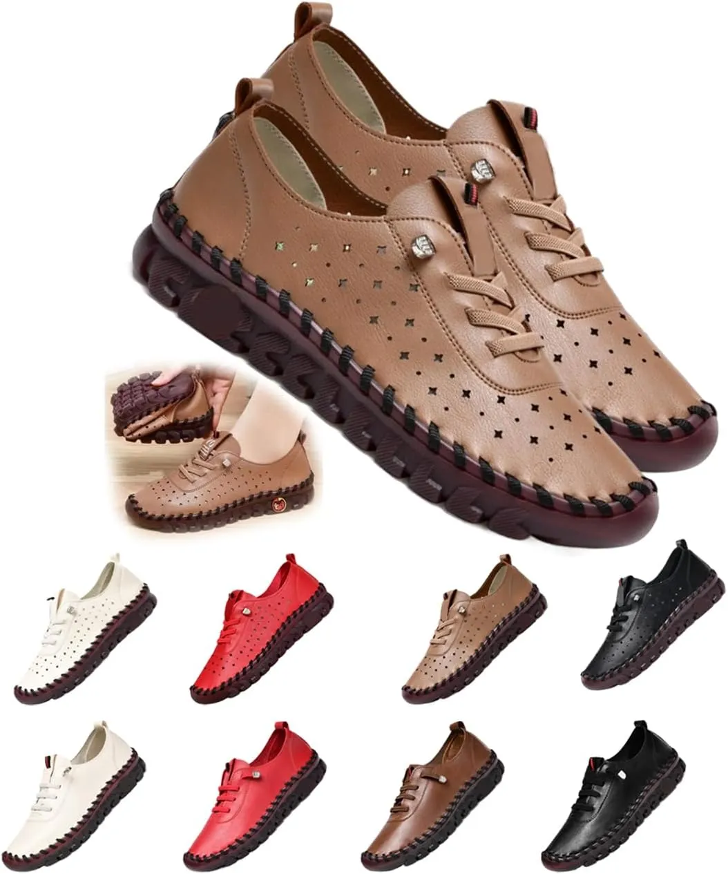 Women's Soft Slip-On Loafers Breathable Handmade Flats with Round Toe & Non-Slip Beef Tendon Sole for Comfy All-Day Walking
