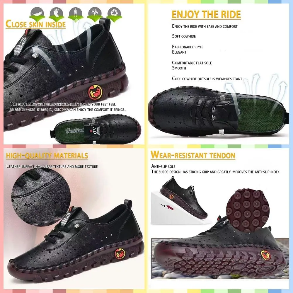 Women's Soft Slip-On Loafers Breathable Handmade Flats with Round Toe & Non-Slip Beef Tendon Sole for Comfy All-Day Walking