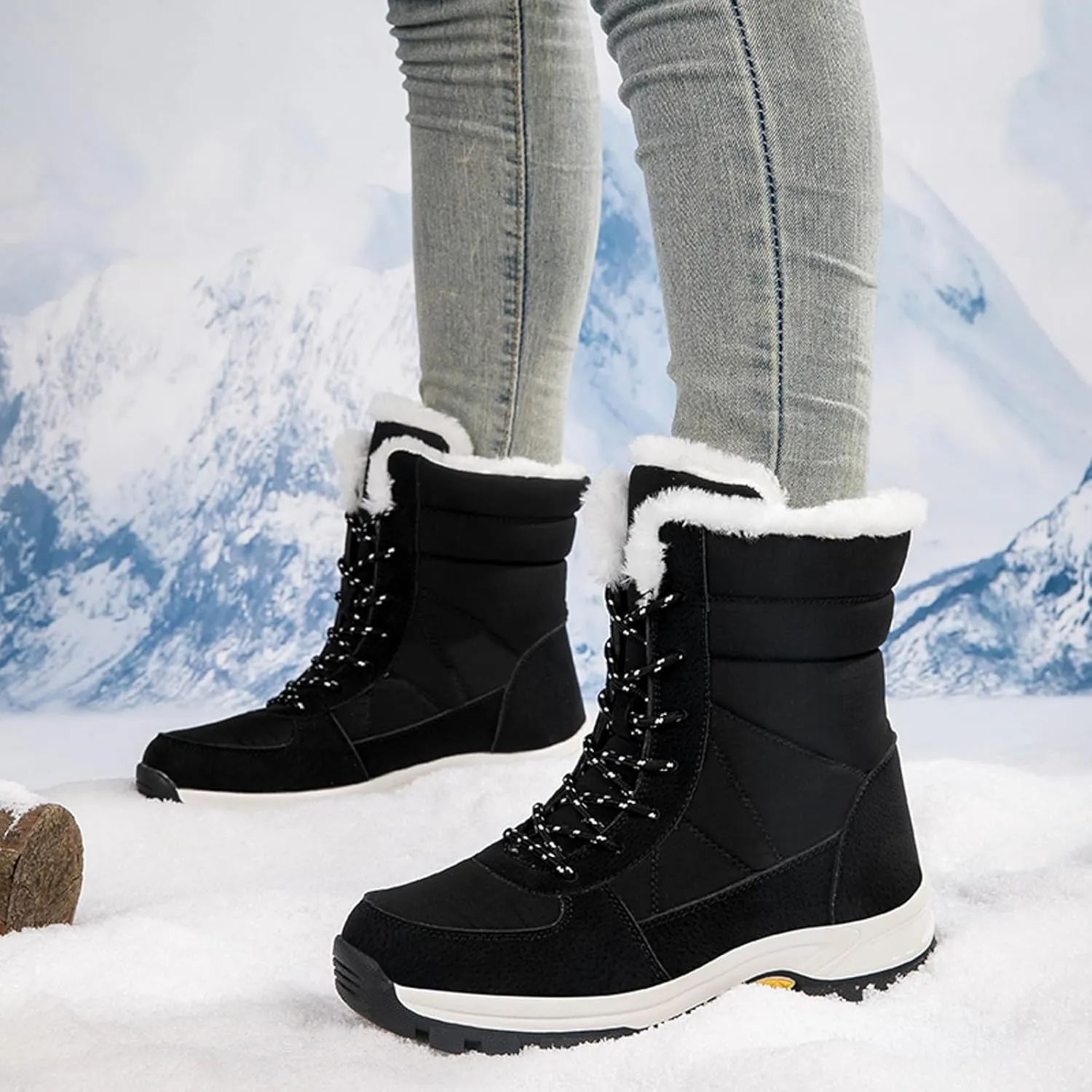 Womens Winter Snow Boots Ankle Boots for Women Water-proof Shoes Walking Boots Comfortable Hiking Tennis Booties Furry Mid Calf Boots Warm Fleece Lined Sneakers Lace-up Boots Lightweight