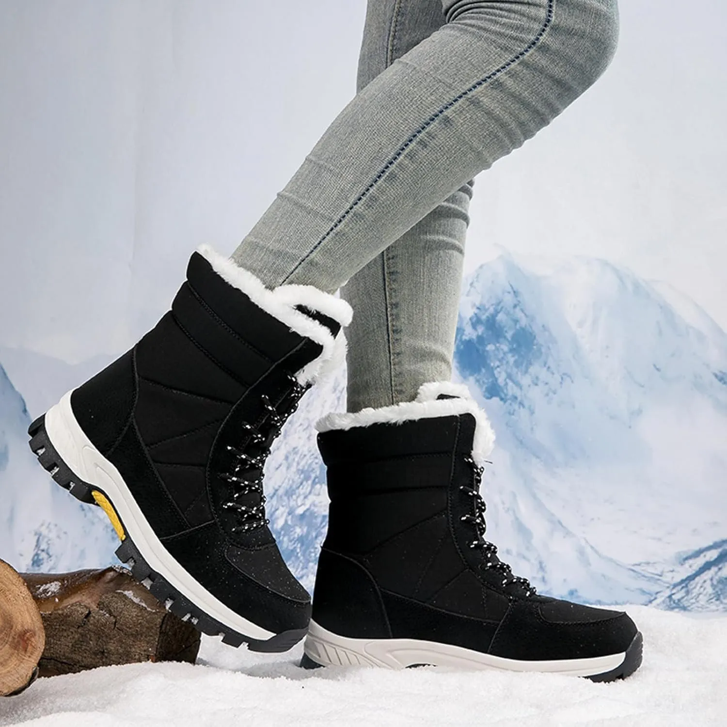 Womens Winter Snow Boots Ankle Boots for Women Water-proof Shoes Walking Boots Comfortable Hiking Tennis Booties Furry Mid Calf Boots Warm Fleece Lined Sneakers Lace-up Boots Lightweight