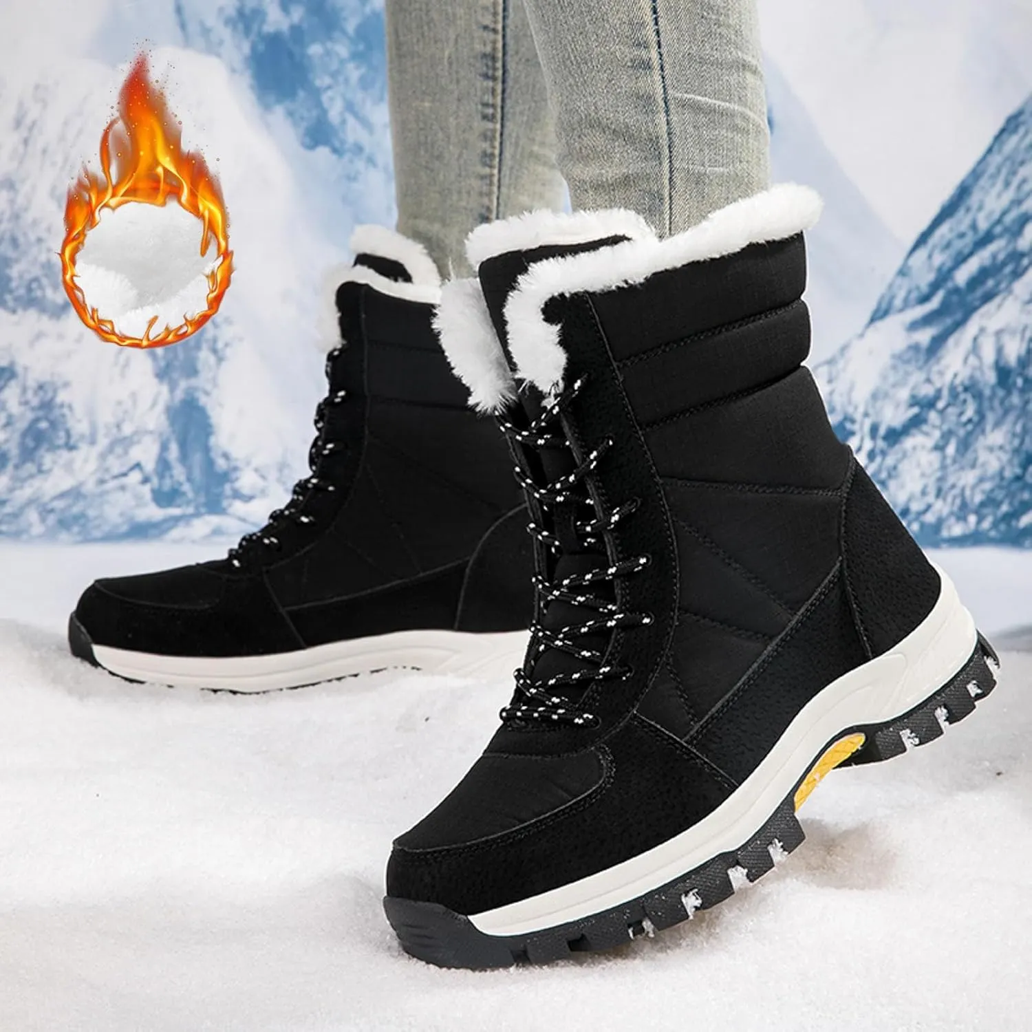 Womens Winter Snow Boots Ankle Boots for Women Water-proof Shoes Walking Boots Comfortable Hiking Tennis Booties Furry Mid Calf Boots Warm Fleece Lined Sneakers Lace-up Boots Lightweight