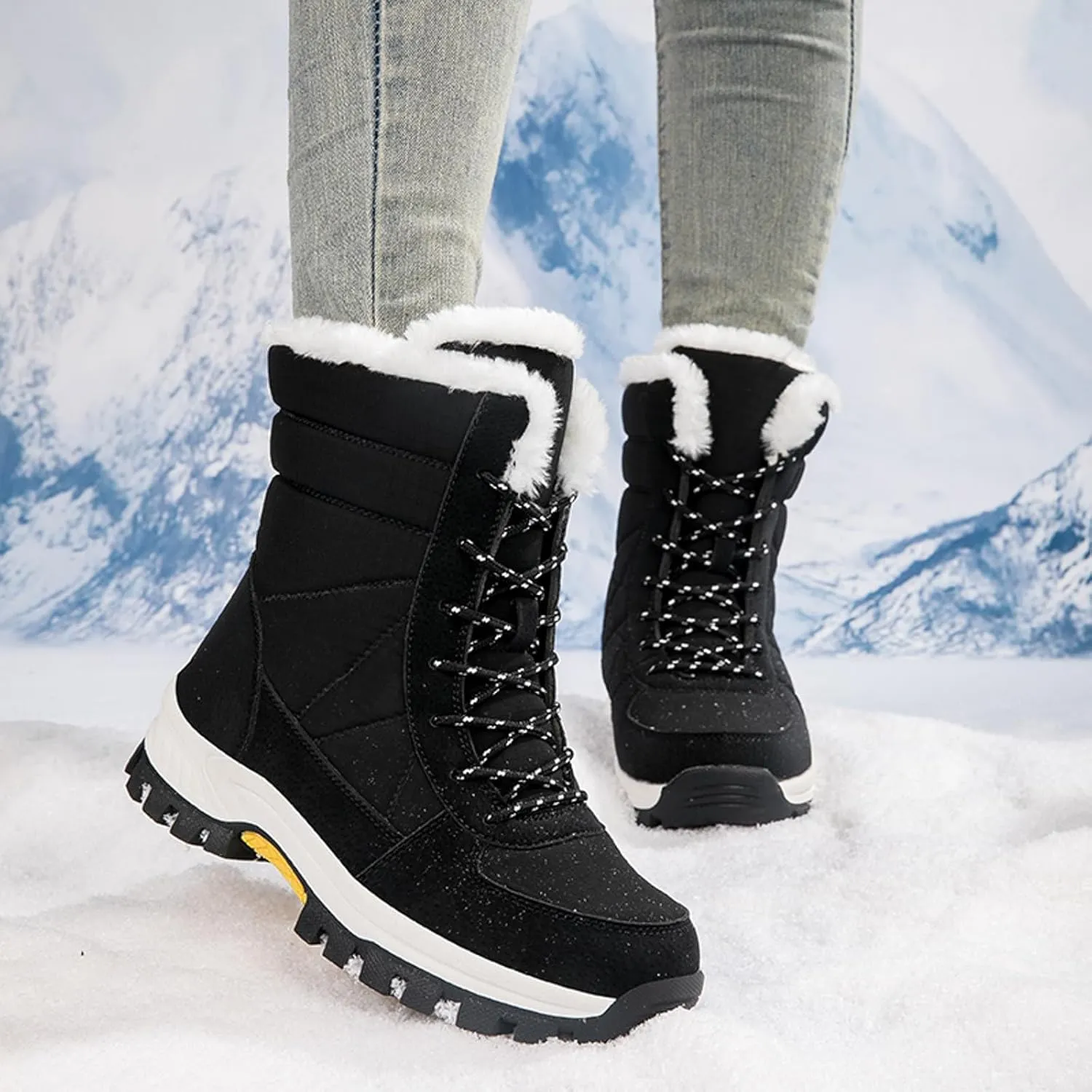 Womens Winter Snow Boots Ankle Boots for Women Water-proof Shoes Walking Boots Comfortable Hiking Tennis Booties Furry Mid Calf Boots Warm Fleece Lined Sneakers Lace-up Boots Lightweight